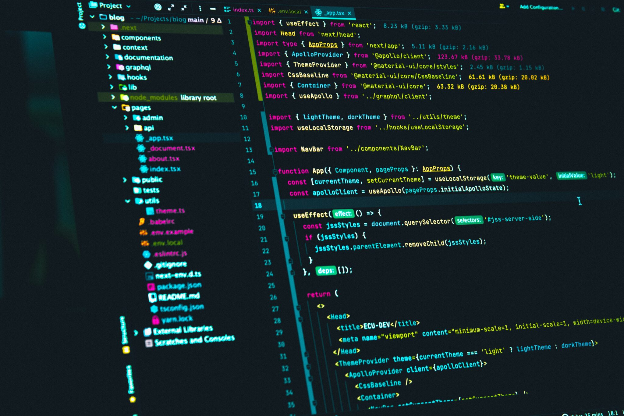 Editor di codice con un'applicazione web in sviluppo